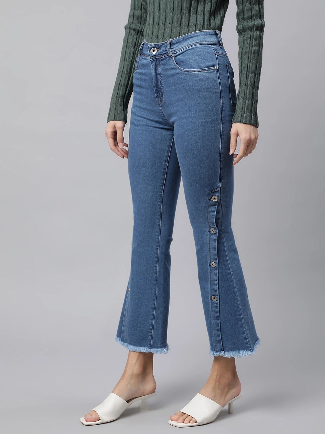 Women High Rise Blue Stylized Fit & Flare Jeans - Global Republic
