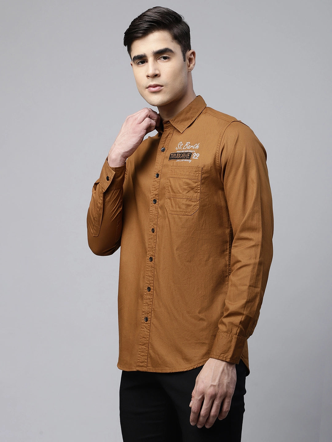 Mens Mustard Slim Fit Typographic Print Casual Shirt - Global Republic
