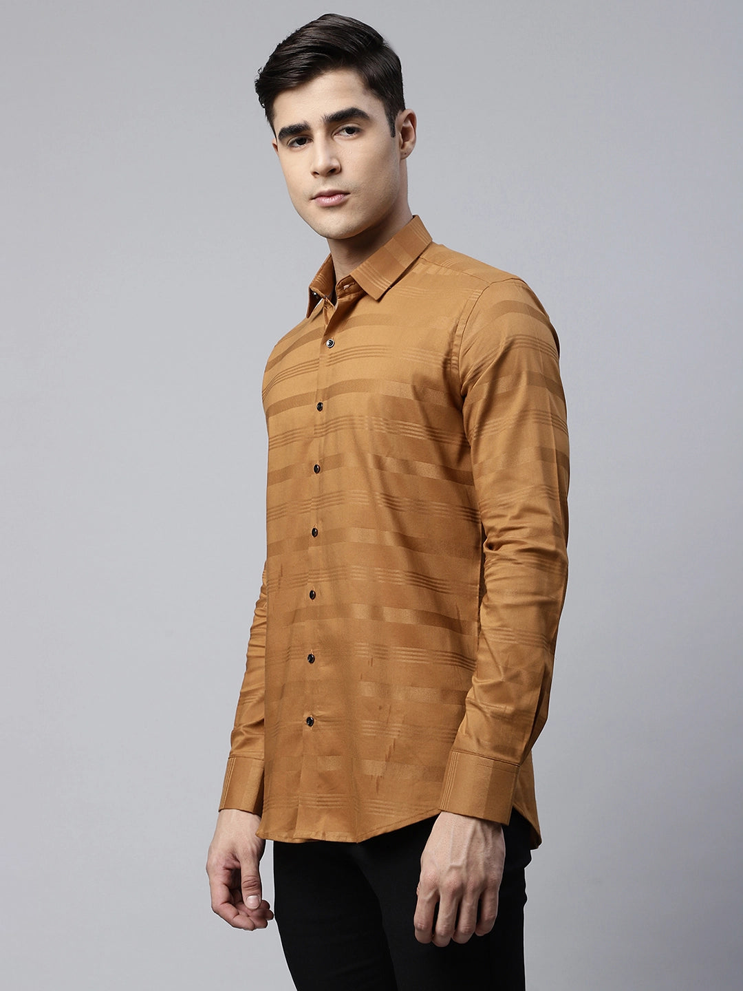 Mens Gold Slim Fit Horizontal Self Striped Shirt - Global Republic