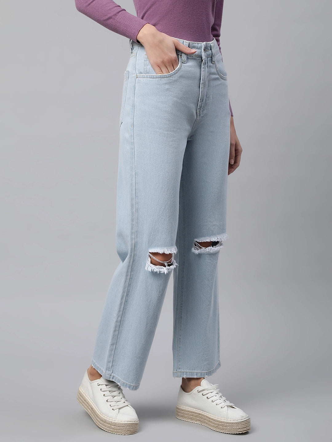 Women Light Blue Distressed Knee Straight Leg Mid Rise Jeans - Global Republic