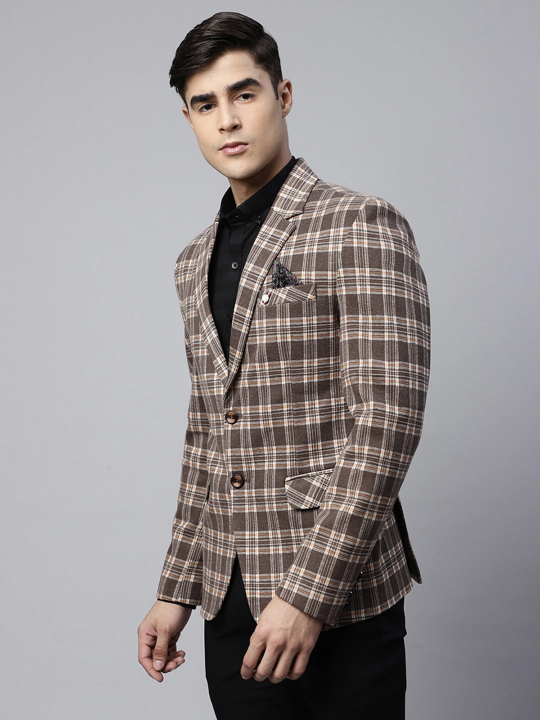 Mens Brown Tailored Fit Monochromatic Plaid Coat - Global Republic