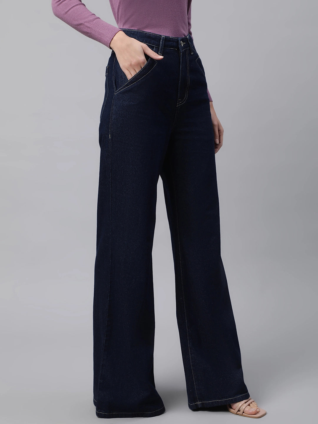 Women Dark Blue Contrast Stitch Wide Leg High Rise Jeans - Global Republic