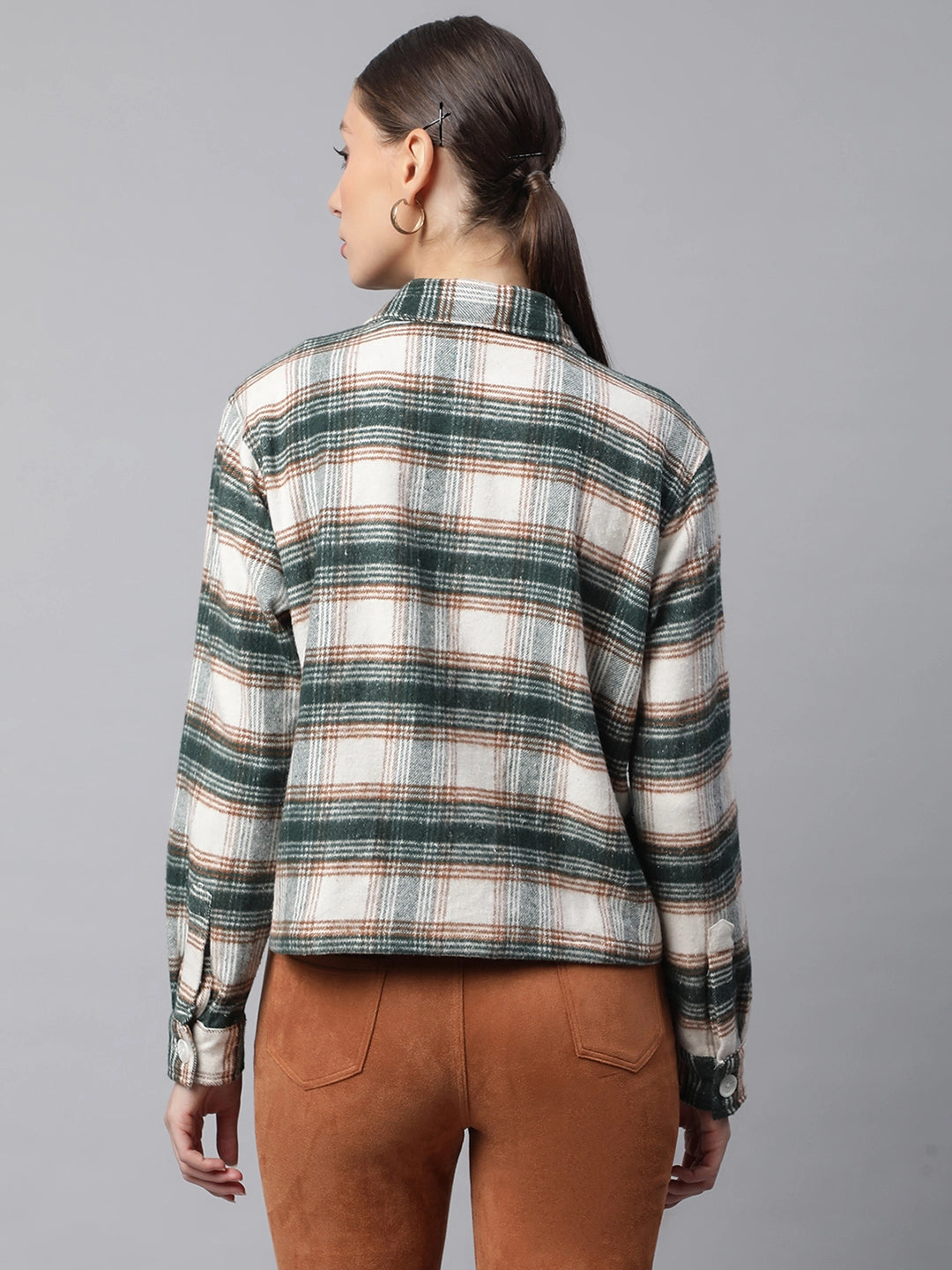 Women Green Checkered Crop Plaid Loose Fit Cotton Shirt - Global Republic