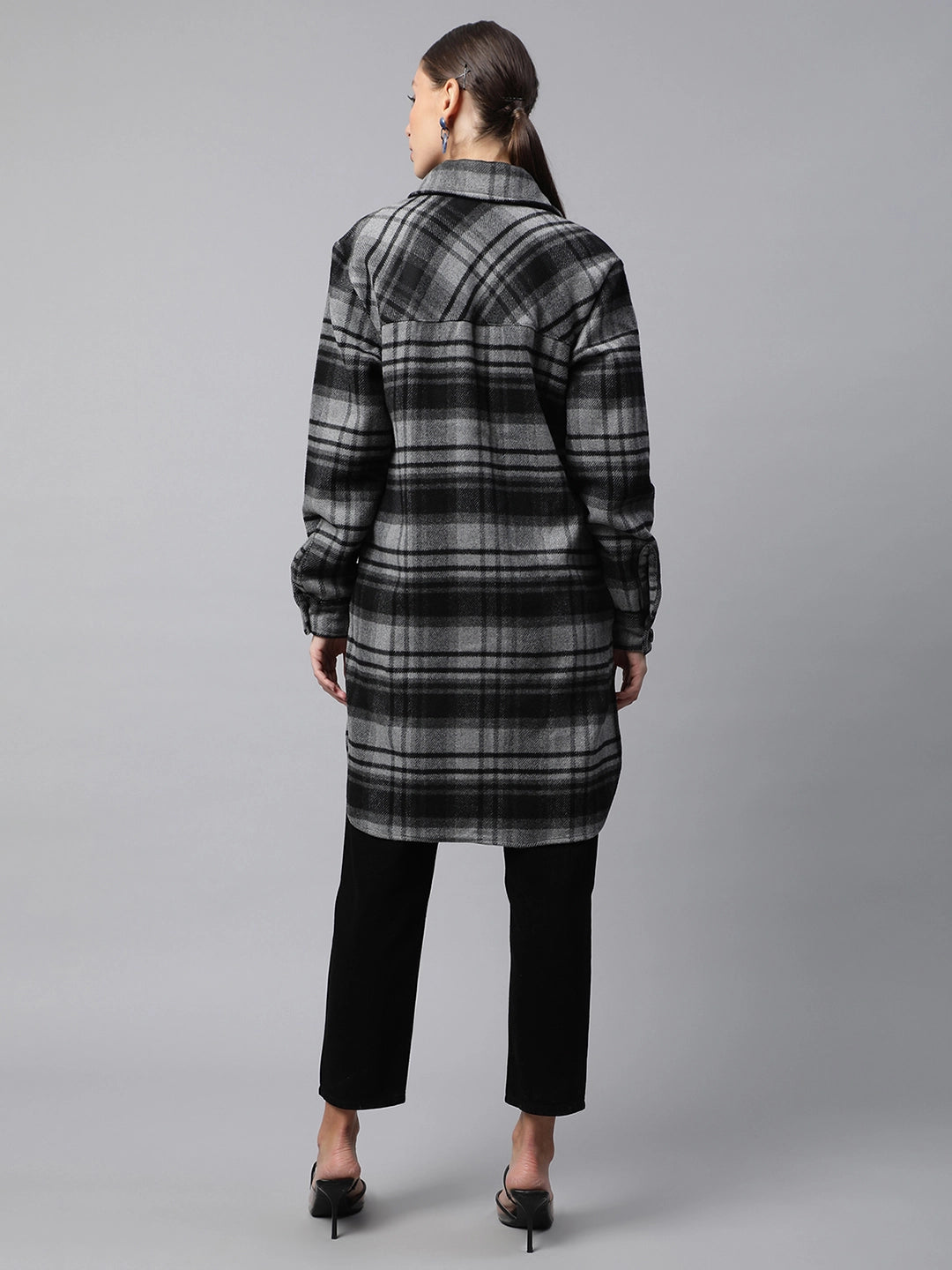 Women Black Checkered Flannel Knee Length Shacket - Global Republic