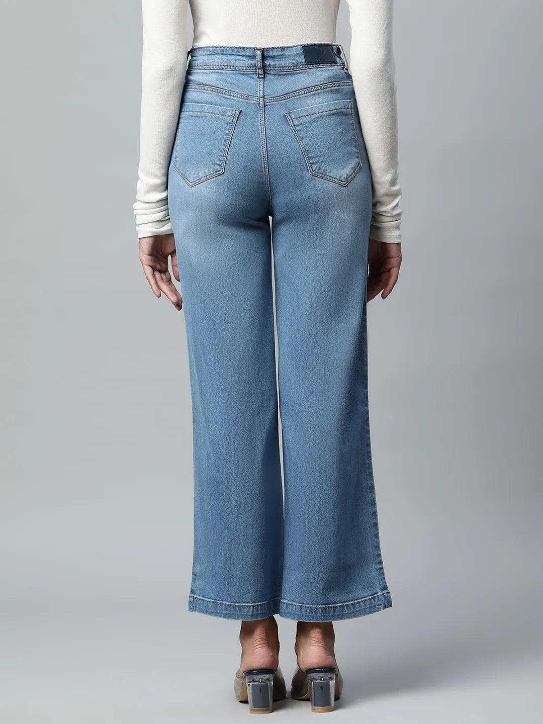 Women Full Length Wide Light Blue Stitch-Open Jeans - Global Republic
