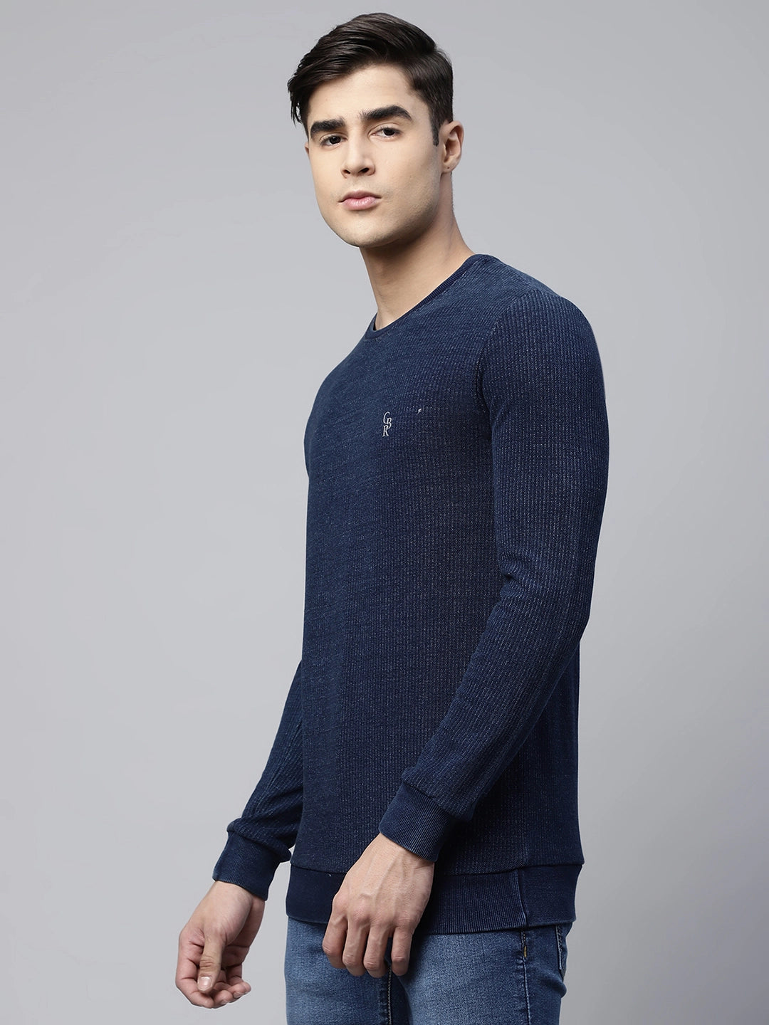 Mens Indigo Textured Round Neck Regular Fit Jacquard Sweatshirt - Global Republic