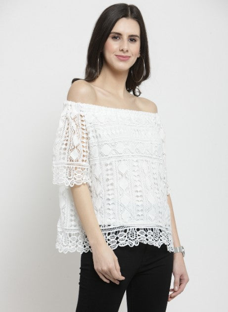 Women Off-White Top With Crochet Layer