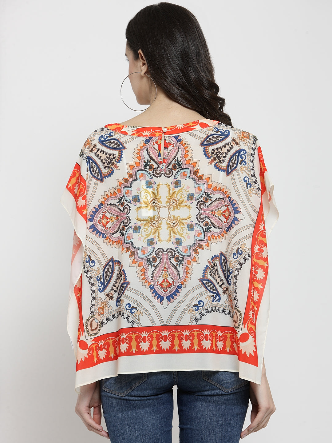 Women Cream Printed Boat Neck Ponchu Top