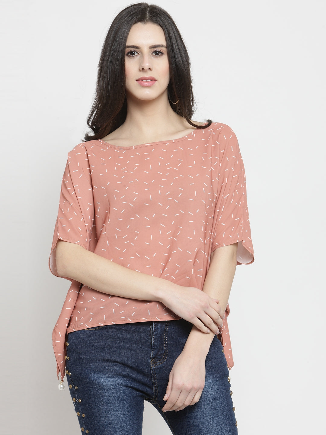 Women Peach Printed Boat Neck Ponchu Top