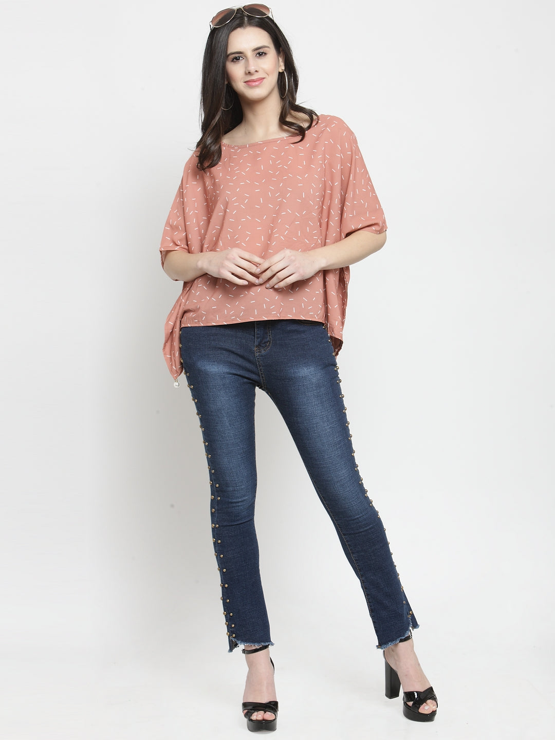 Women Peach Printed Boat Neck Ponchu Top