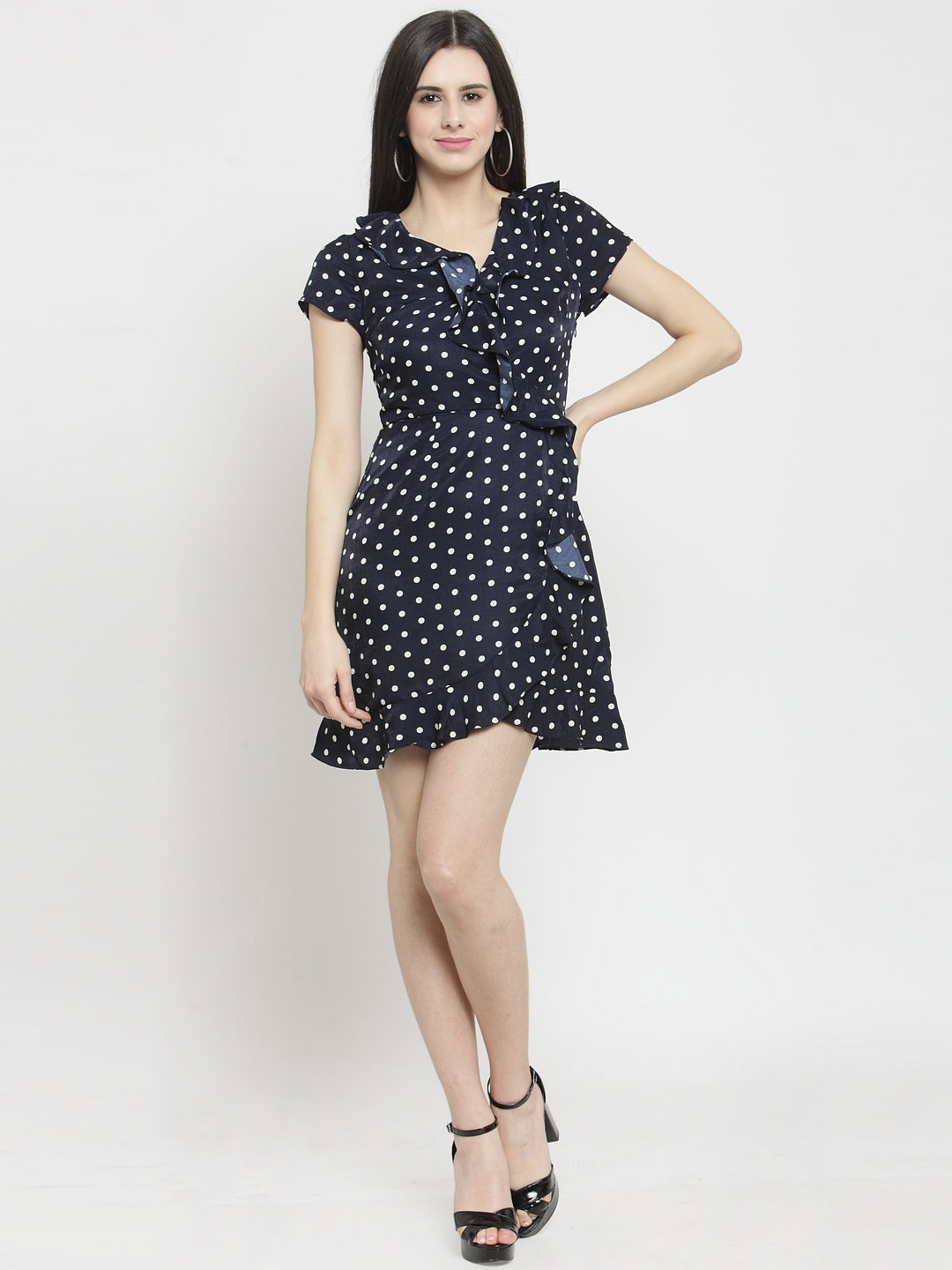 Women Navy Blue Polka Dot Dress With Ruffles