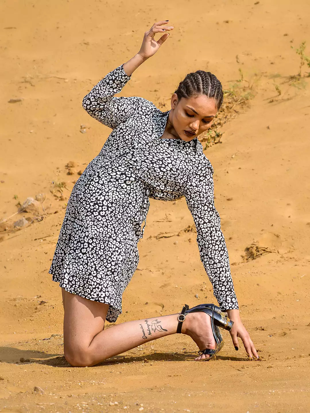 Grey Floral Printed Ruched Dress - Global Republic