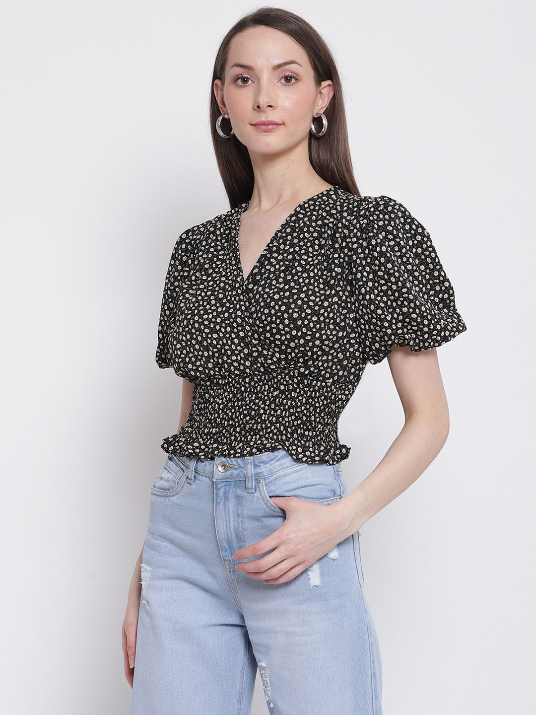 Women Black Colour Floral Print Crop Top