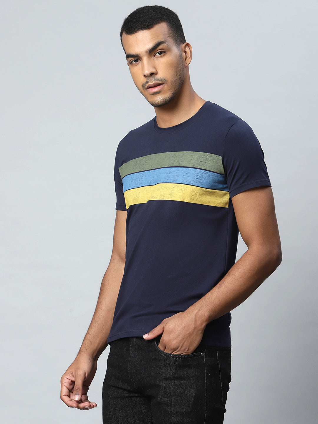 Men Navy Blue Bold Striped T-Shirt - Global Republic
