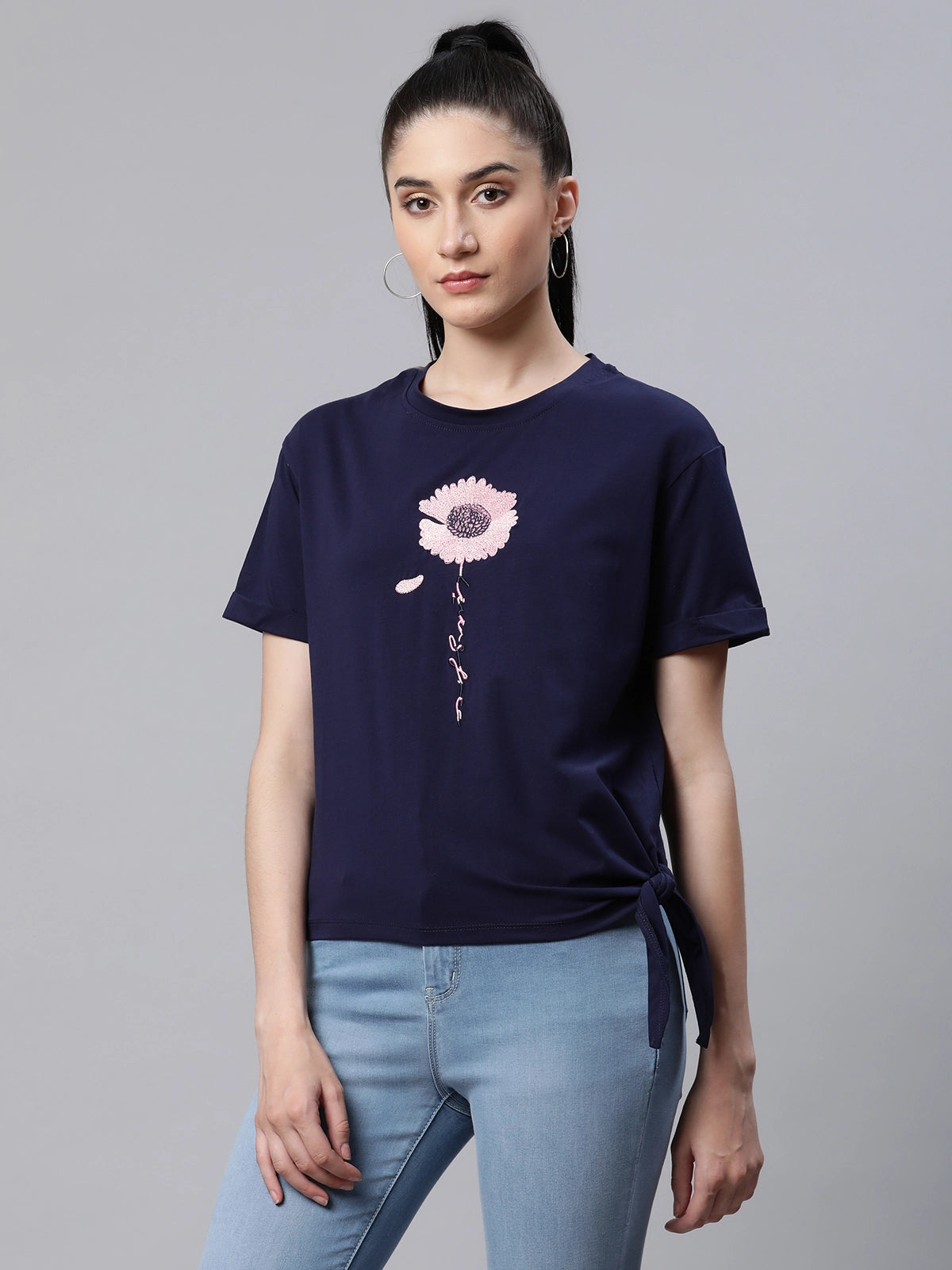 Women Embroidered Navy Blue Cotton Regular Fit Top - Global Republic