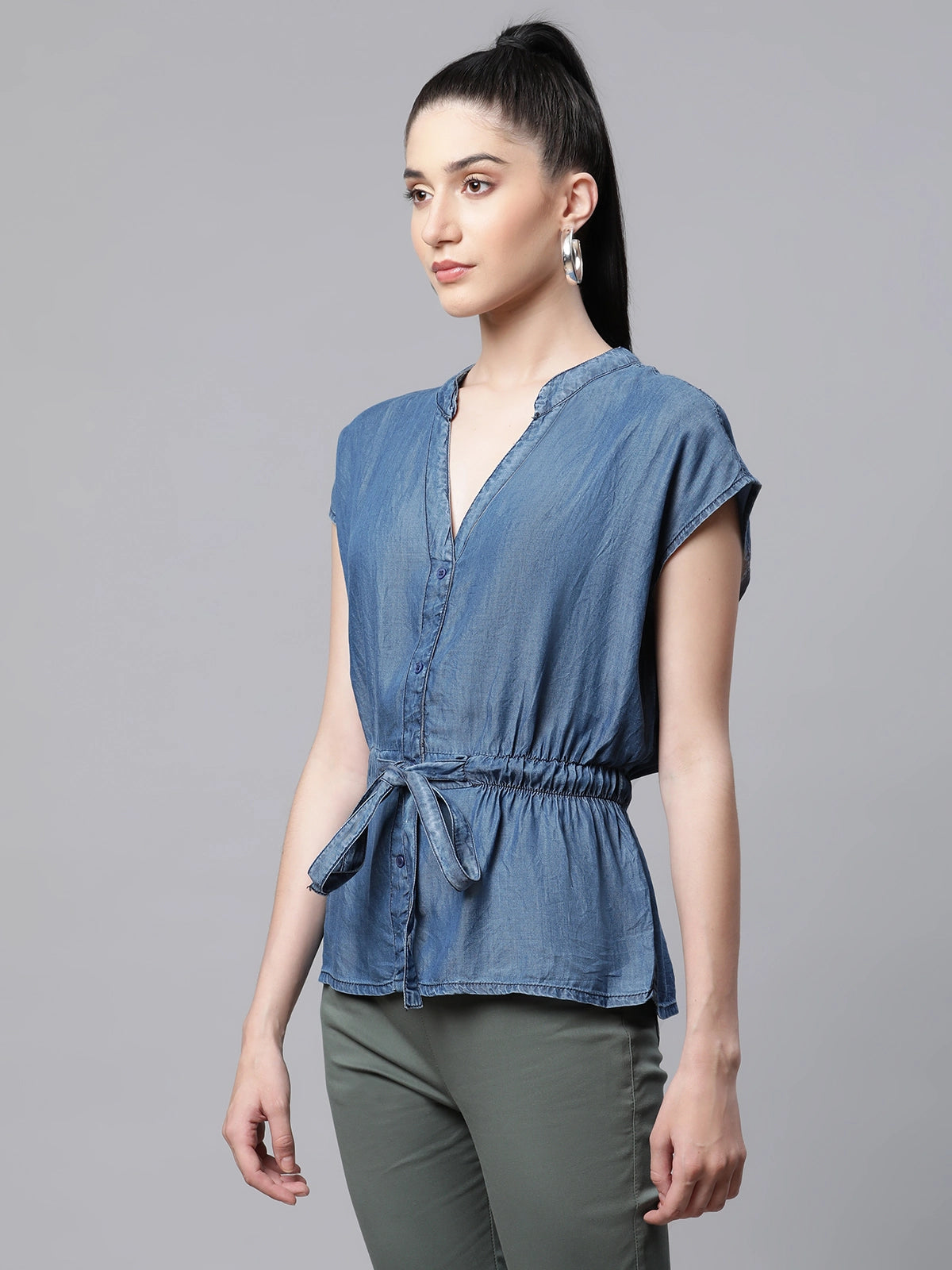 Blue Denim Regular Fit Blouson Top - Global Republic