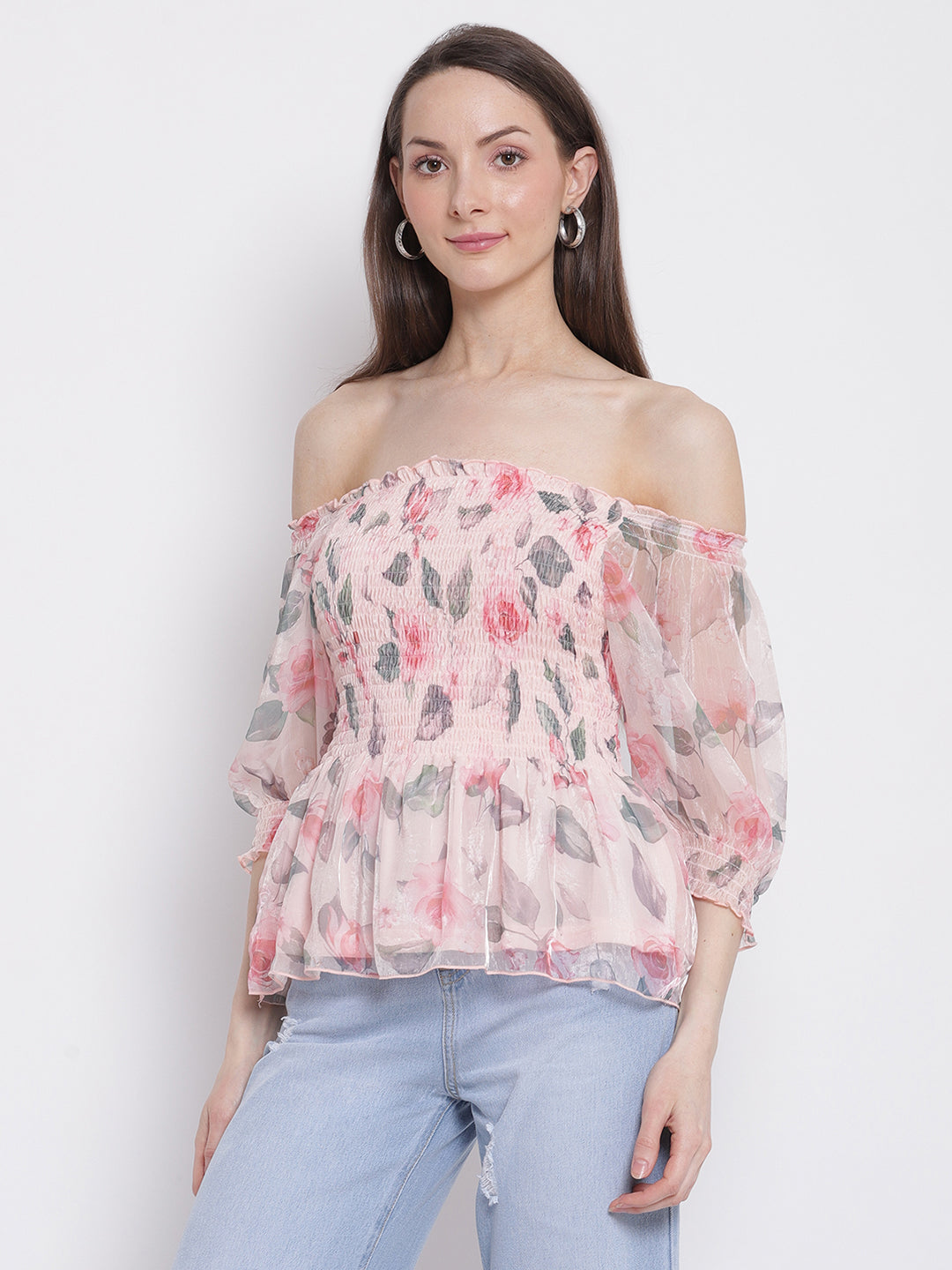 Women Off-Shoulder Pink Floral Print Peplum Top