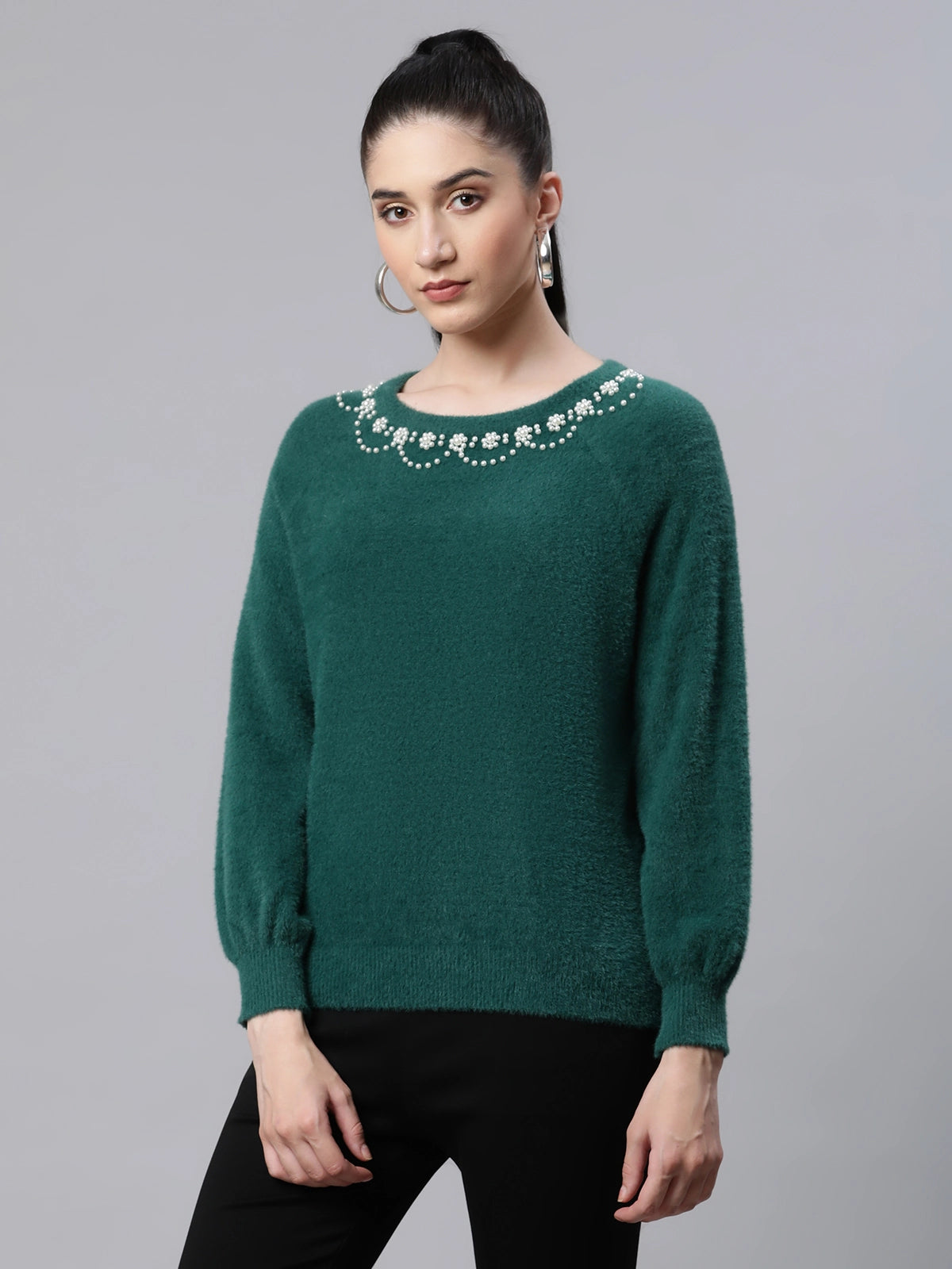 Shop Green Woolen Loose Fit Casual