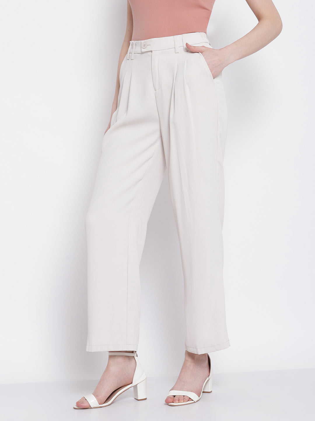 Women Relaxed-Fit Solid Beige Trouser Pants - Global Republic