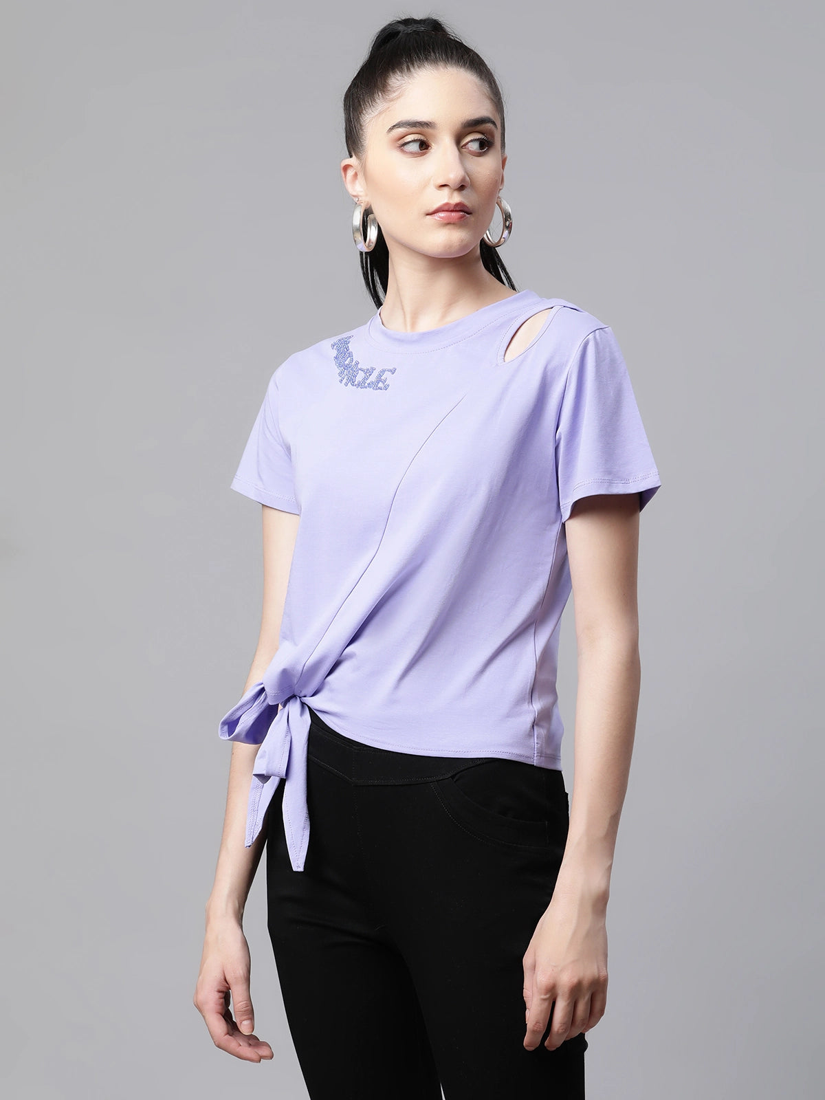 Women Regular Fit Embroidered Purple Hosiery Top - Global Republic