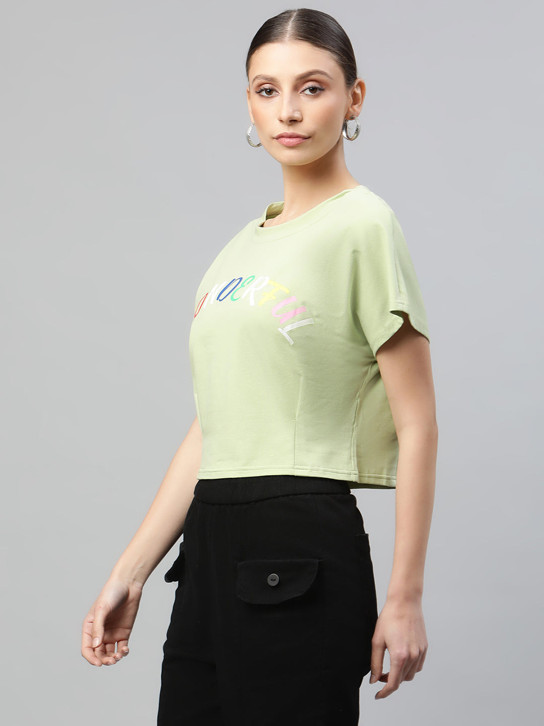 Women Pista Green Regular Fit Printed T-Shirt - Global Republic