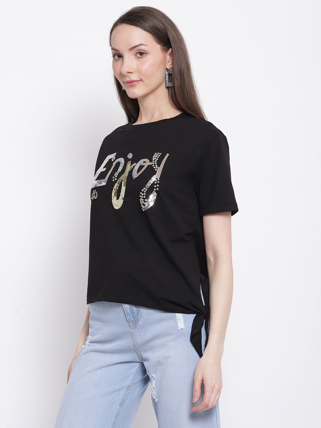 Women Black Printed Top with Knot Details at Hem