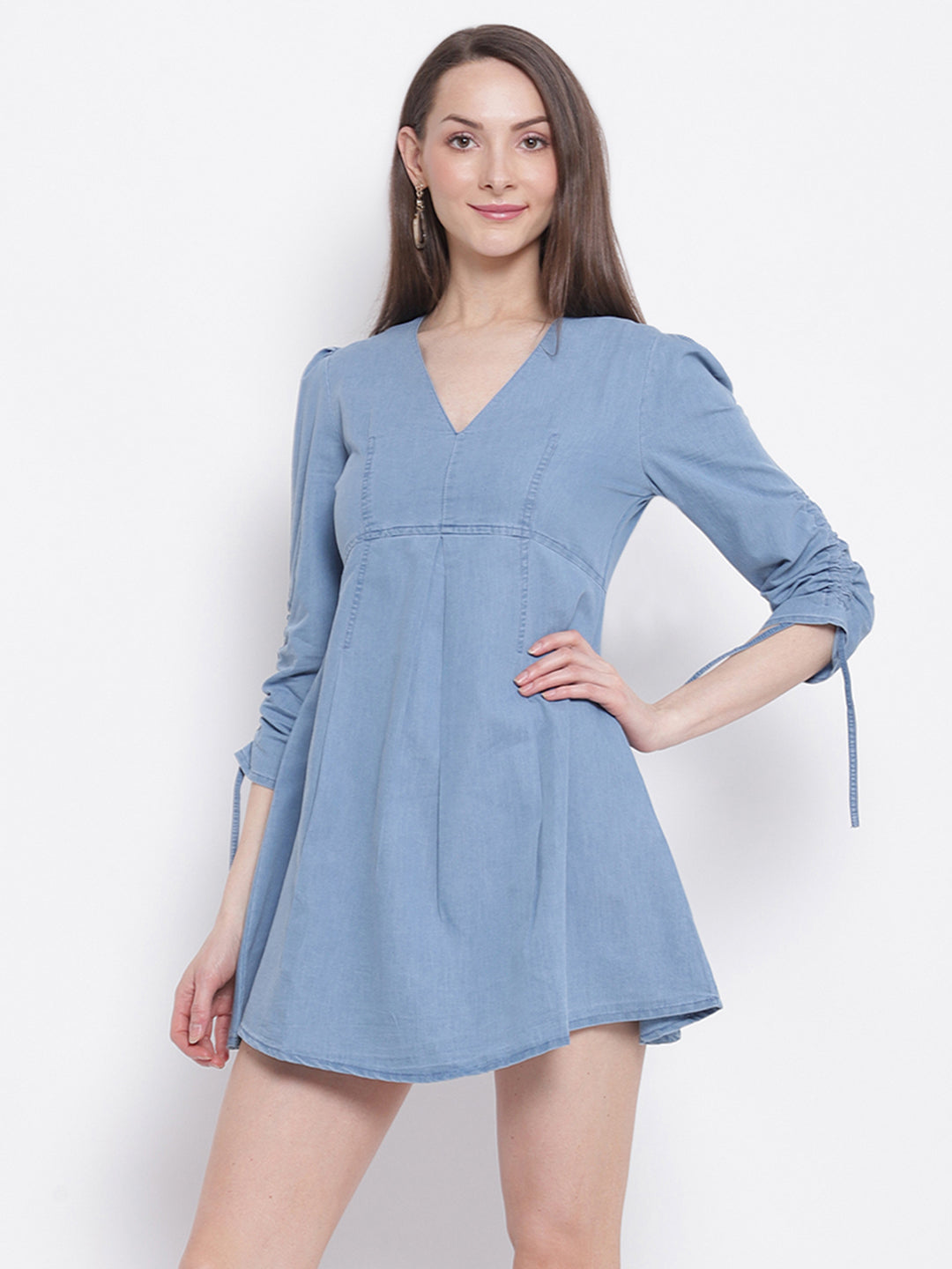 sky blue denim flared dress for women
