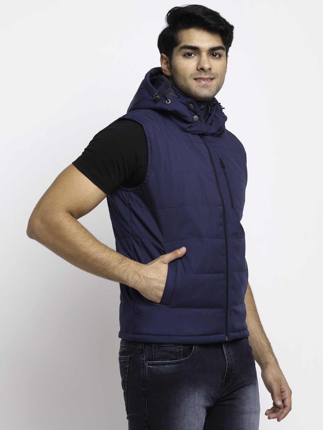 Navy Blue Hooded Solid Jacket - Global Republic