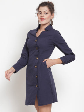 Women Straight Fit Navy Blue Collared Tunic