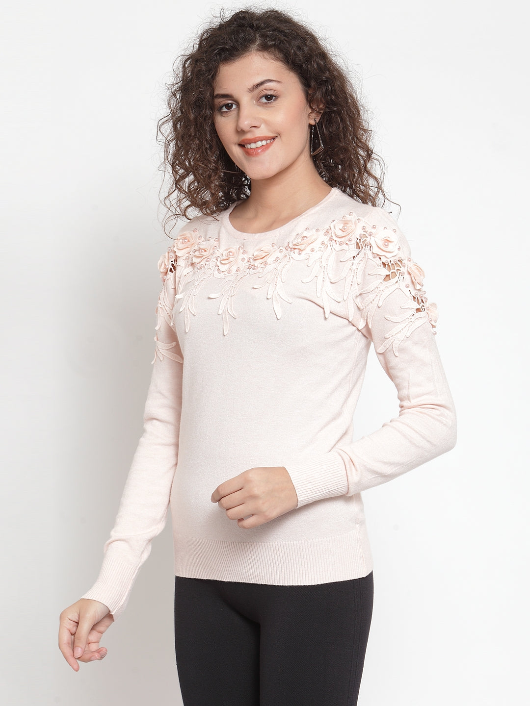 Women Peach Striped Pullover Sweater