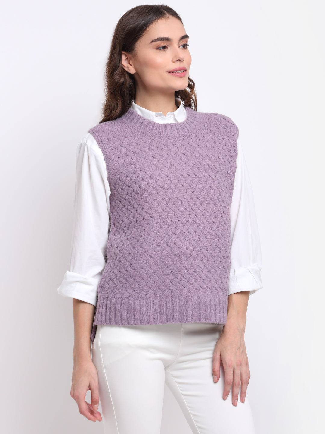Women Purple Round Neck Sleeveless Knit Pullover - Global Republic
