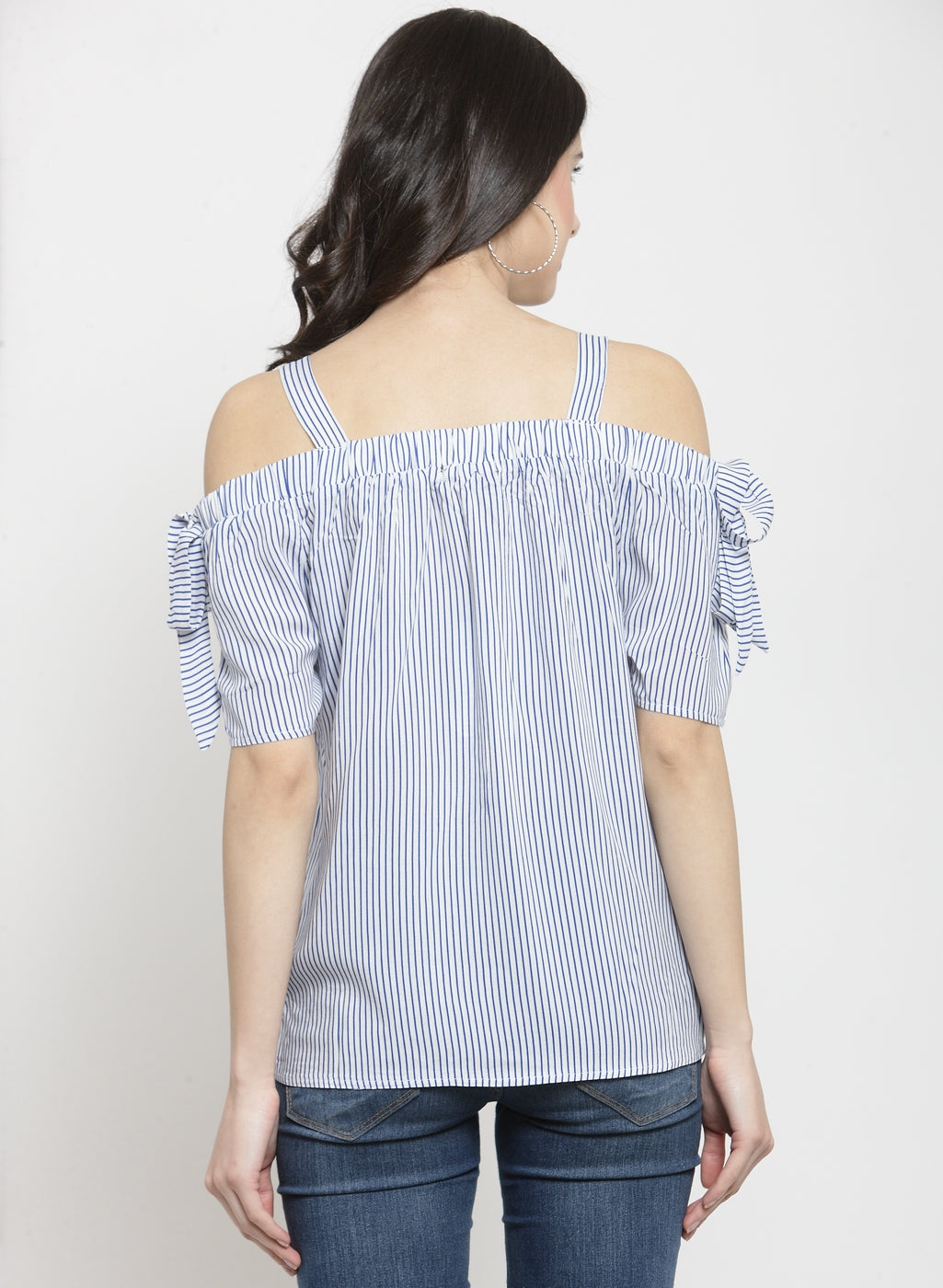 Women Striped Blue Boat Neck Top