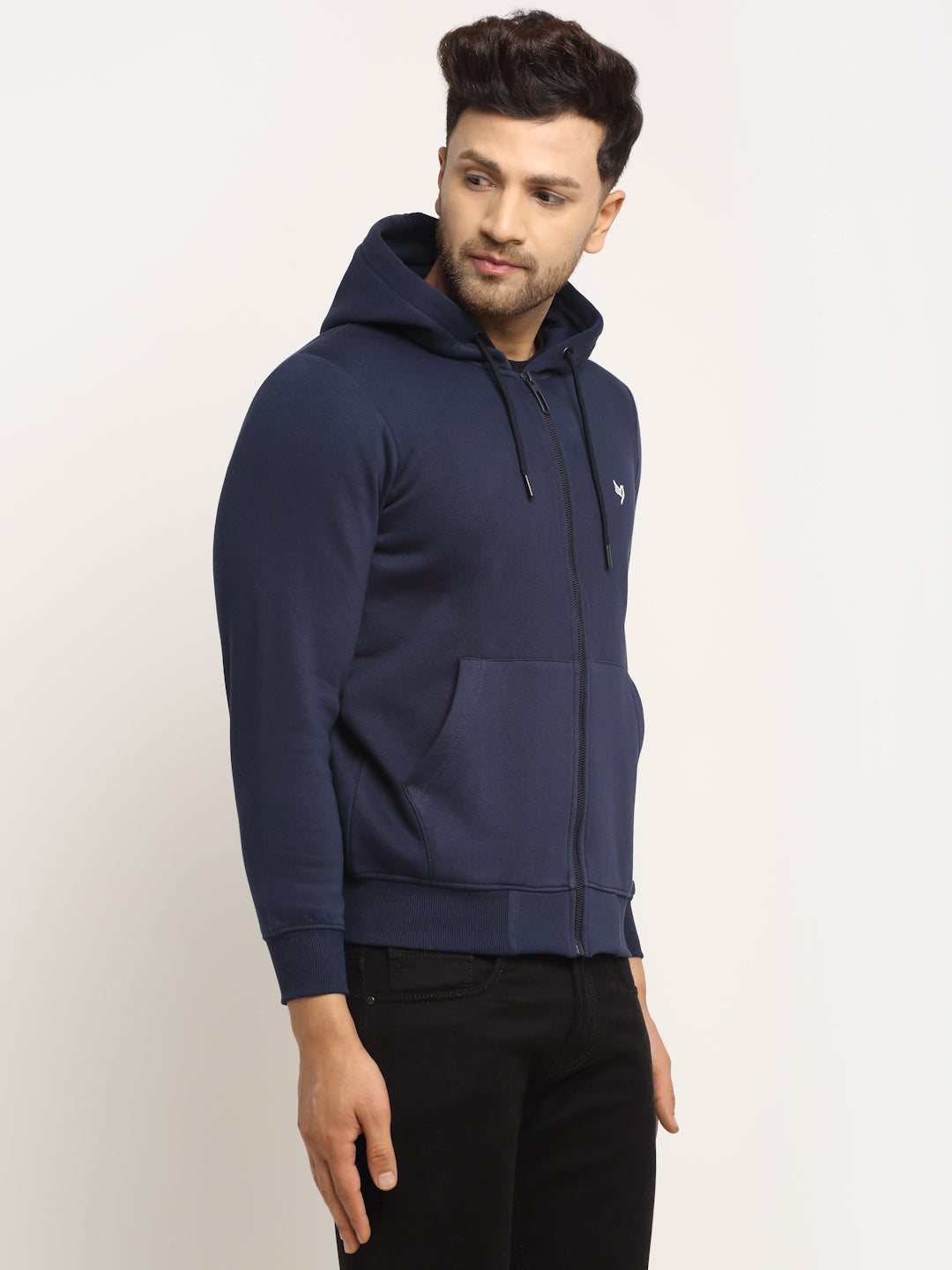 Men Navy Blue Hosiery Solid Hooded Sweatshirt - Global Republic