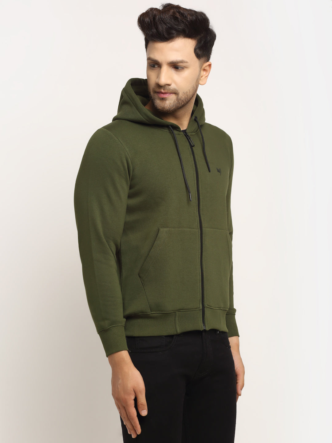 Men Olive Green Hosiery Solid Hooded Sweatshirt - Global Republic