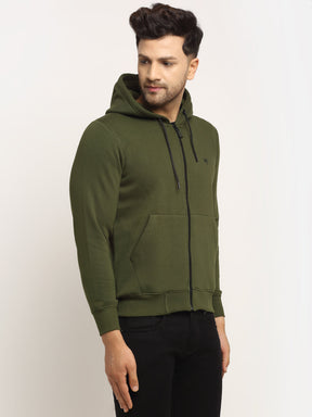 Men Olive Green Hosiery Solid Hooded Sweatshirt
