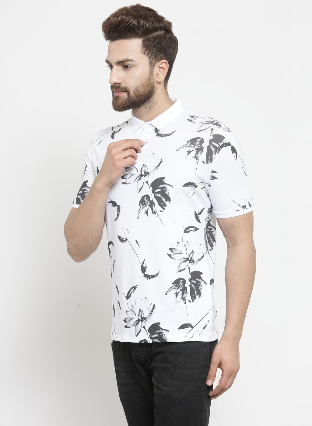 Men White Floral Printed Polo T-Shirt