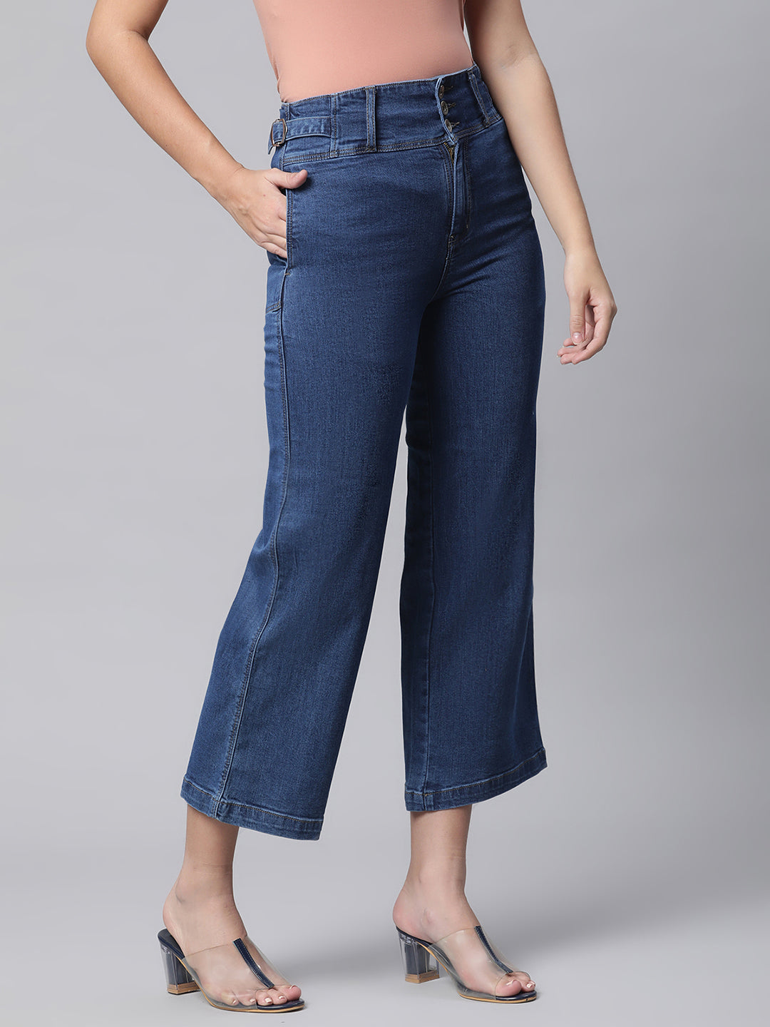 Women Dark Blue Cotton Blend Culottes Jeans - Global Republic