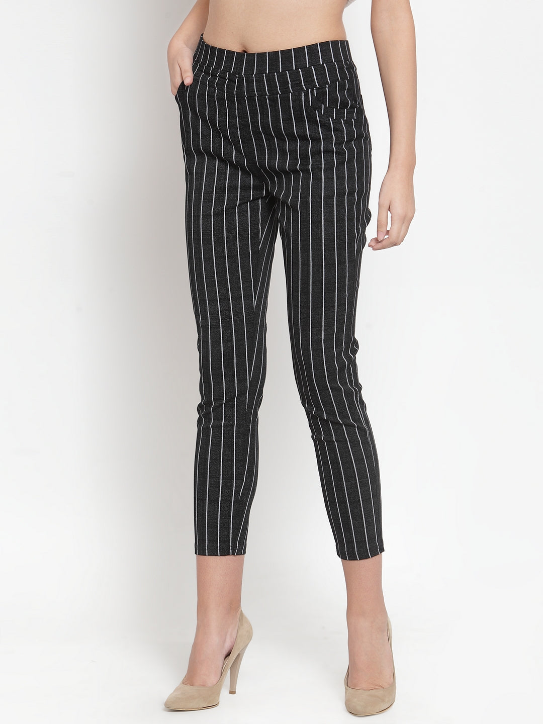 Women Black Striped Mid Rise Stretchable Jegging