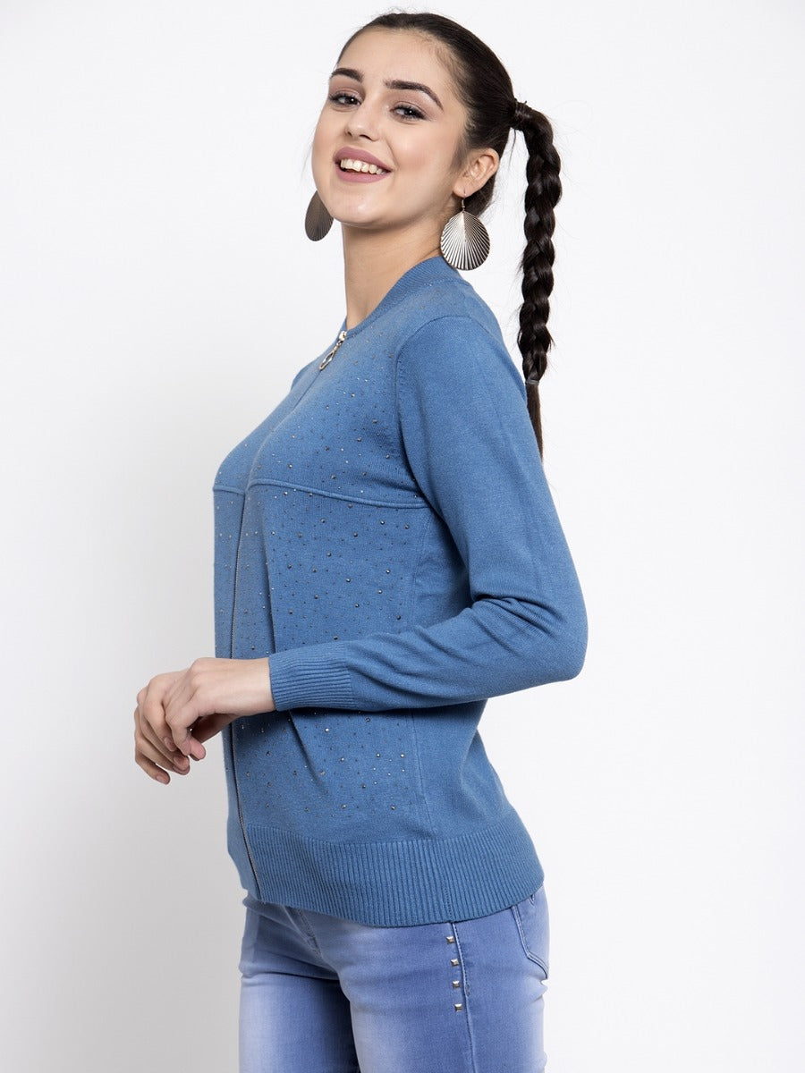 Women Solid Denim Round Neck Pullover