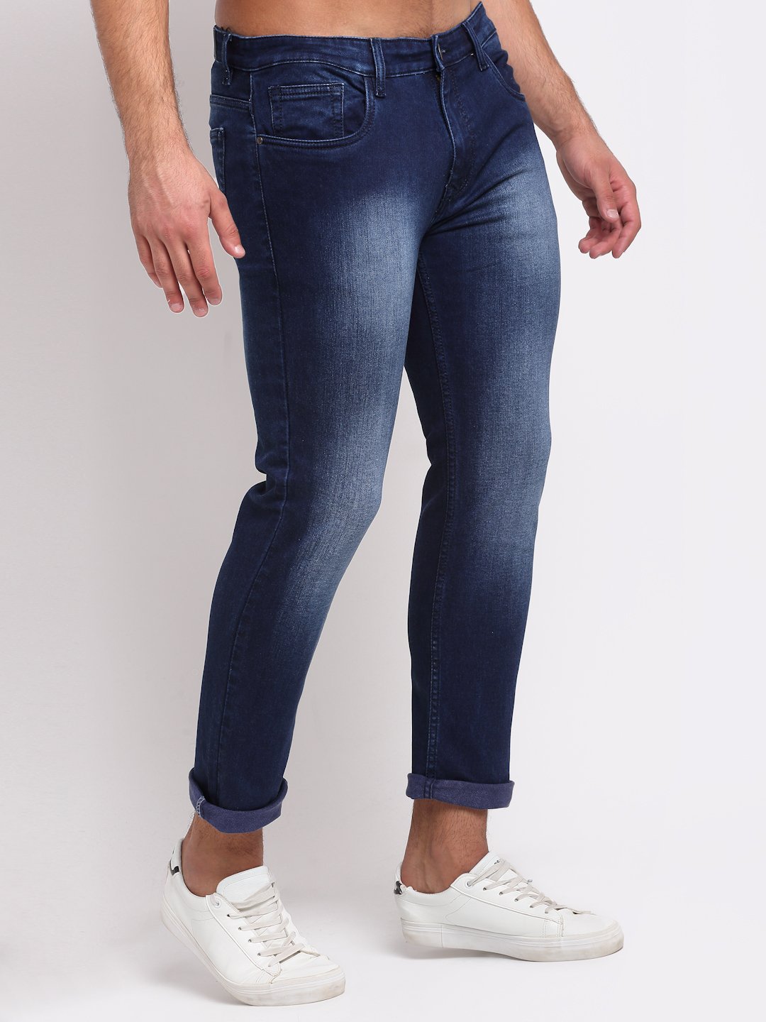 Men Blue Cotton Blend Solid Jeans - Global Republic