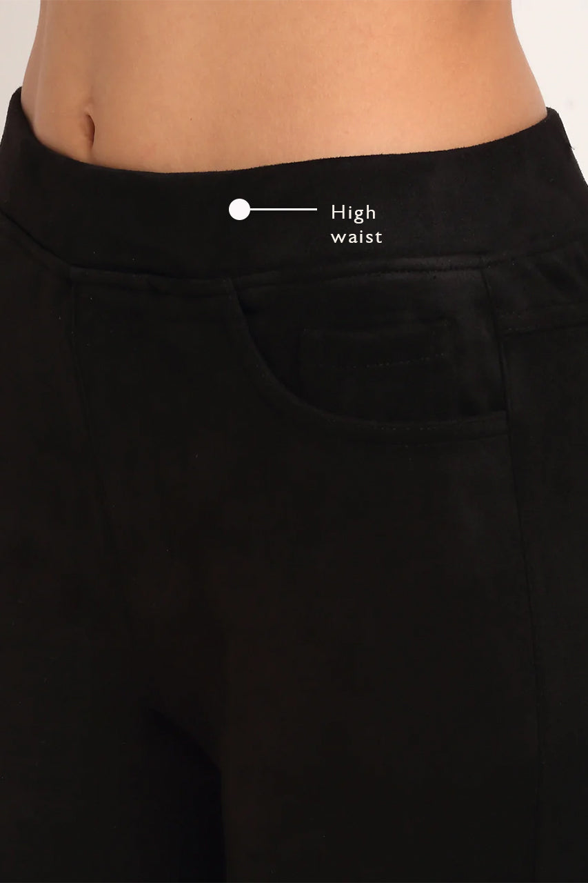 Black Straight Fit Suede Mid Rise Jegging