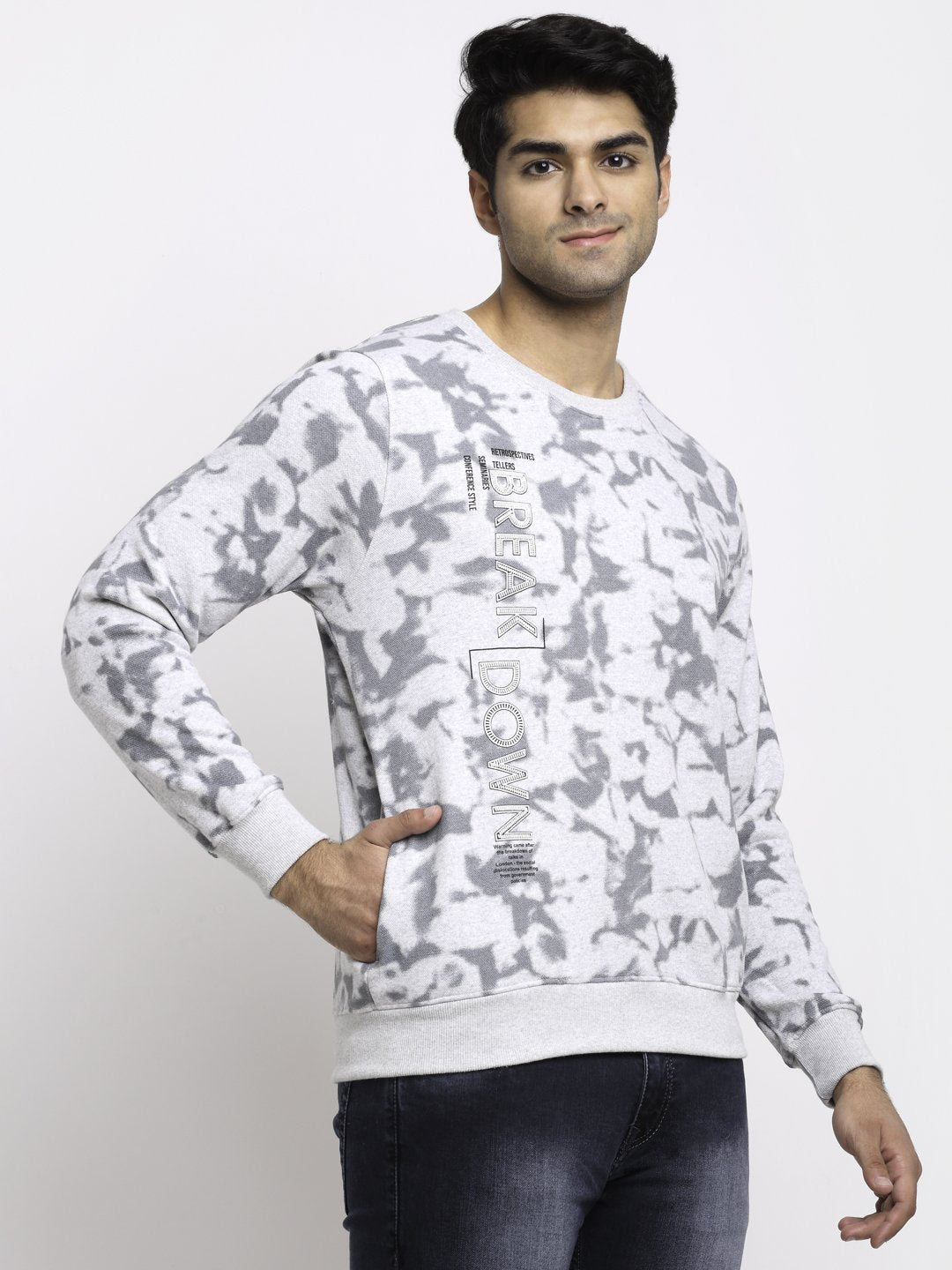 Men Grey Round Neck Hosiery Printed Sweatshirt