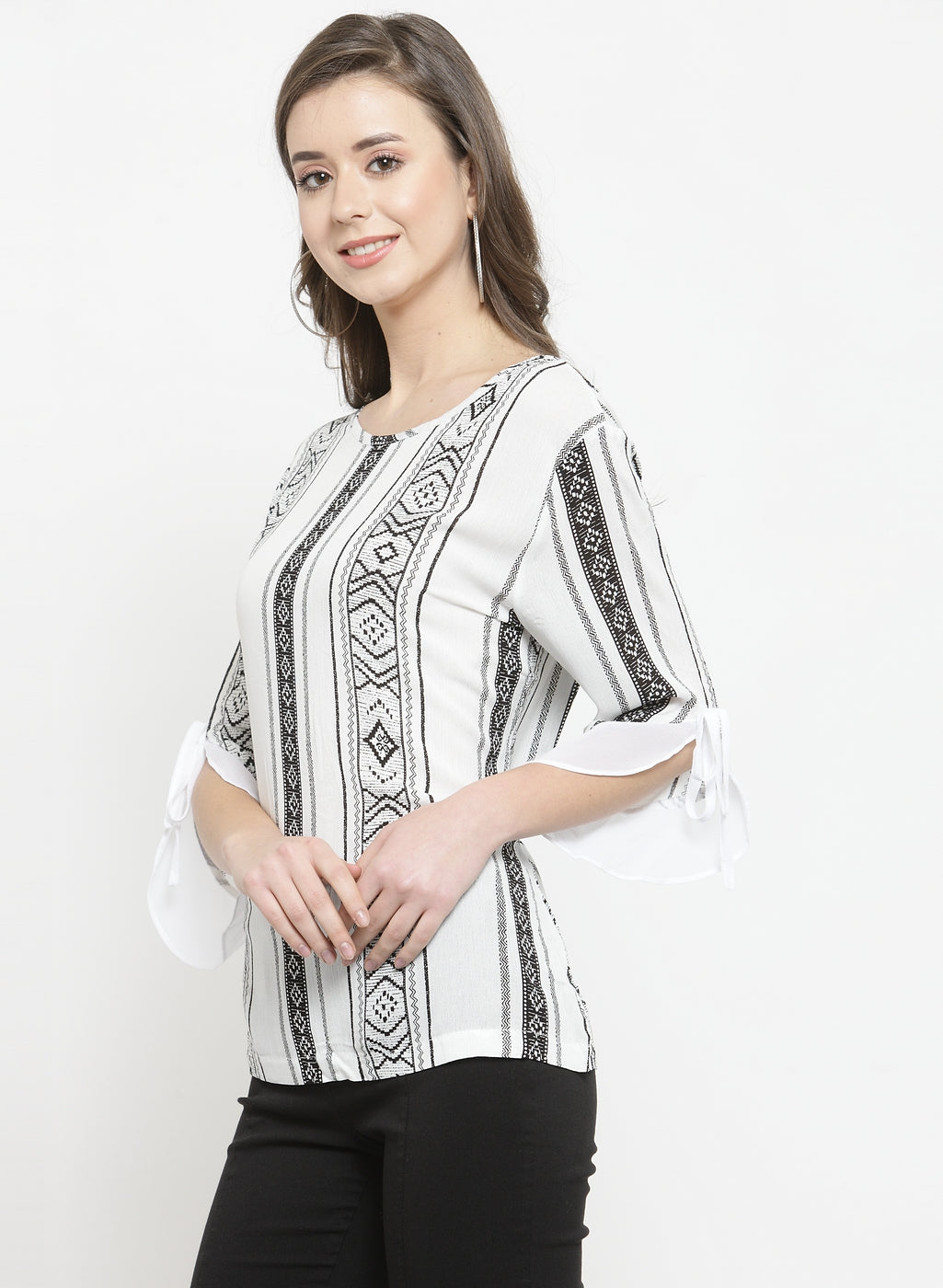 White Boat Neck Top With Printed Stripes