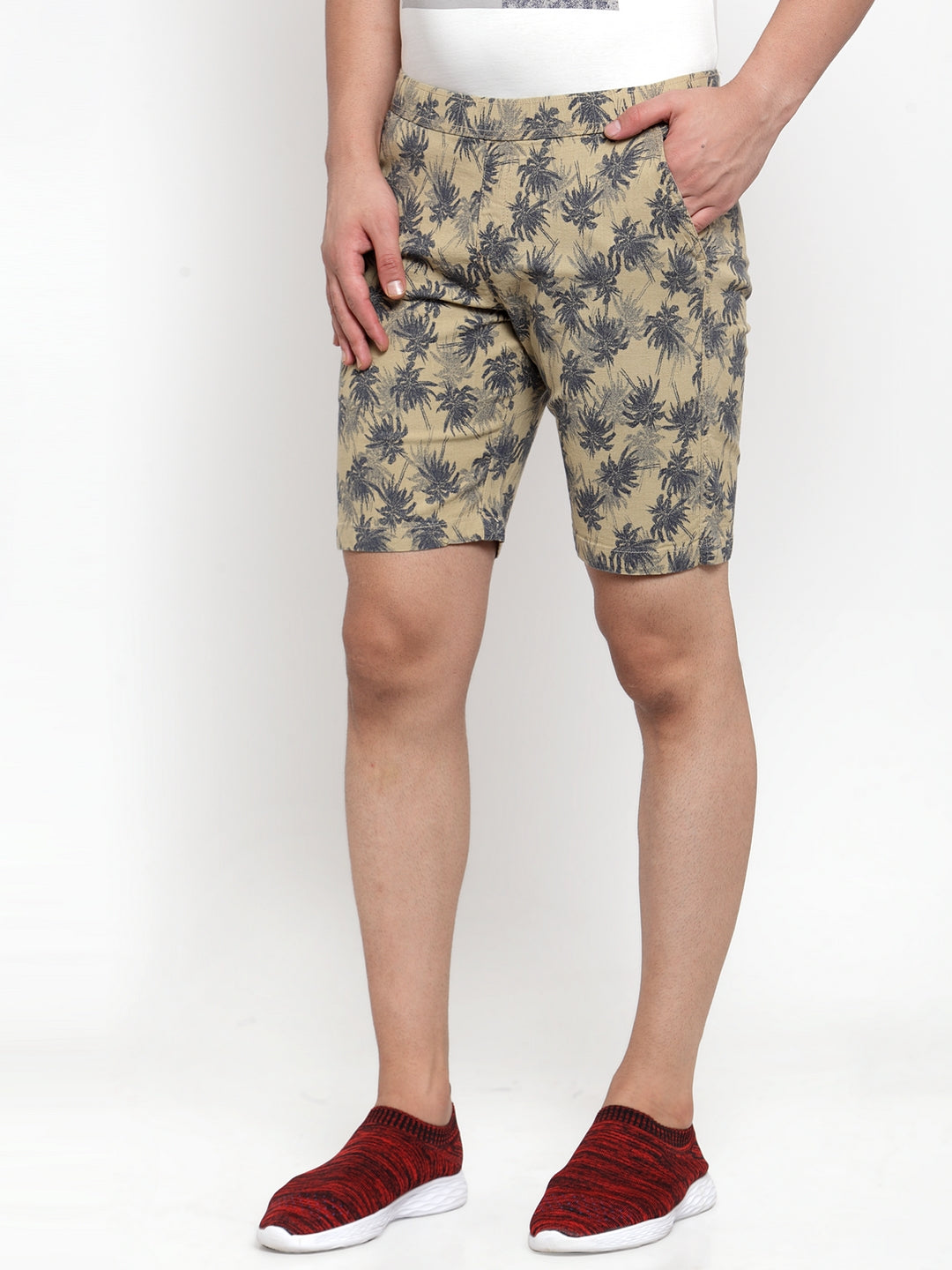 Mens Printed Beige And Plain Olive Combo Of 2 Shorts