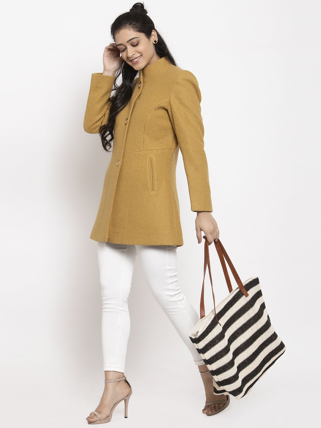 Women Mustard Long Sleeves Solid Coat