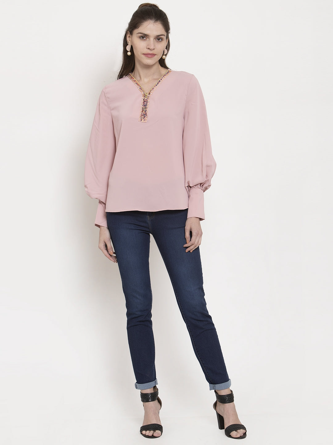 Women Pink Solid Full Sleeve V-Neck Top