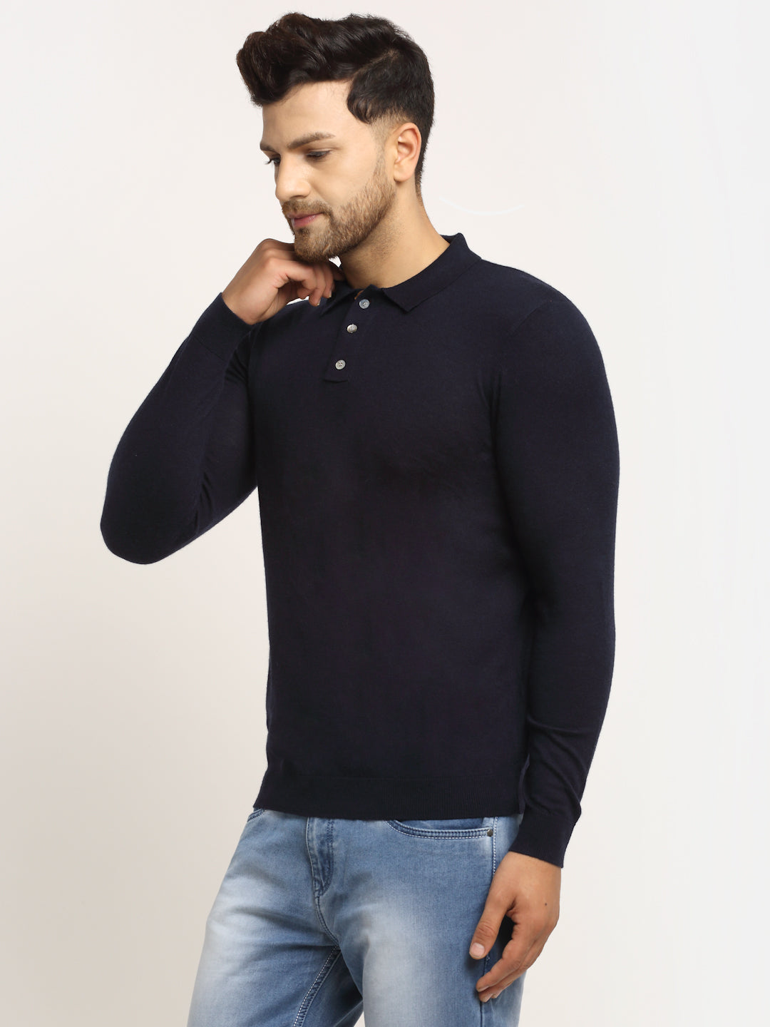Men Navy Blue Polo Neck Knit Solid Pullover - Global Republic