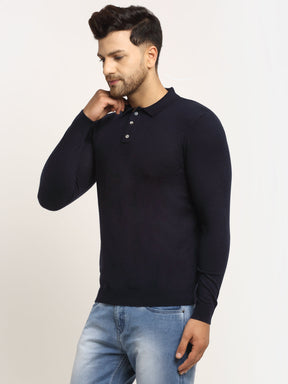 Men Navy Blue Polo Neck Knit Solid Pullover