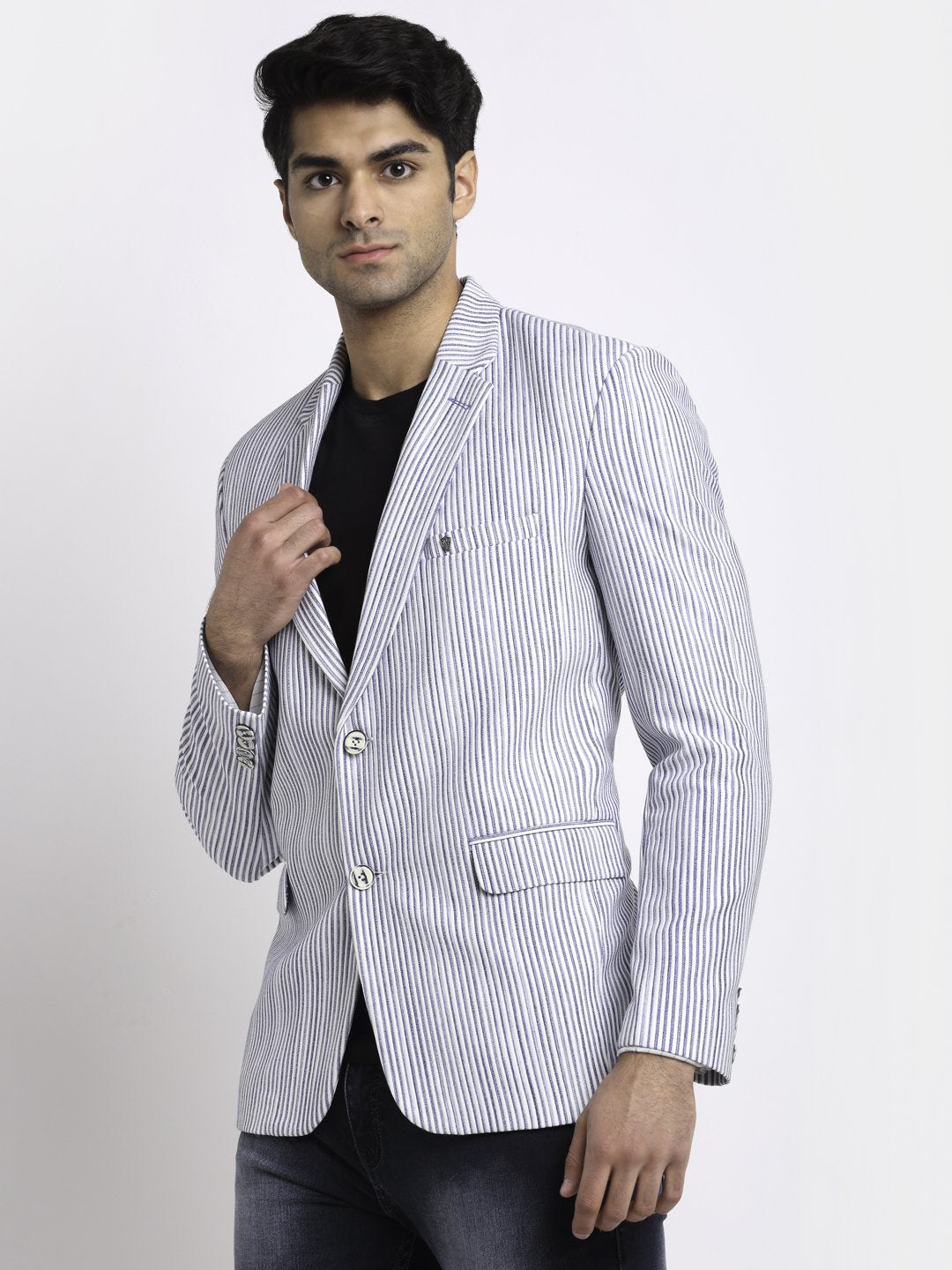Men Blue Notched Lapel Hosiery Striped Coat