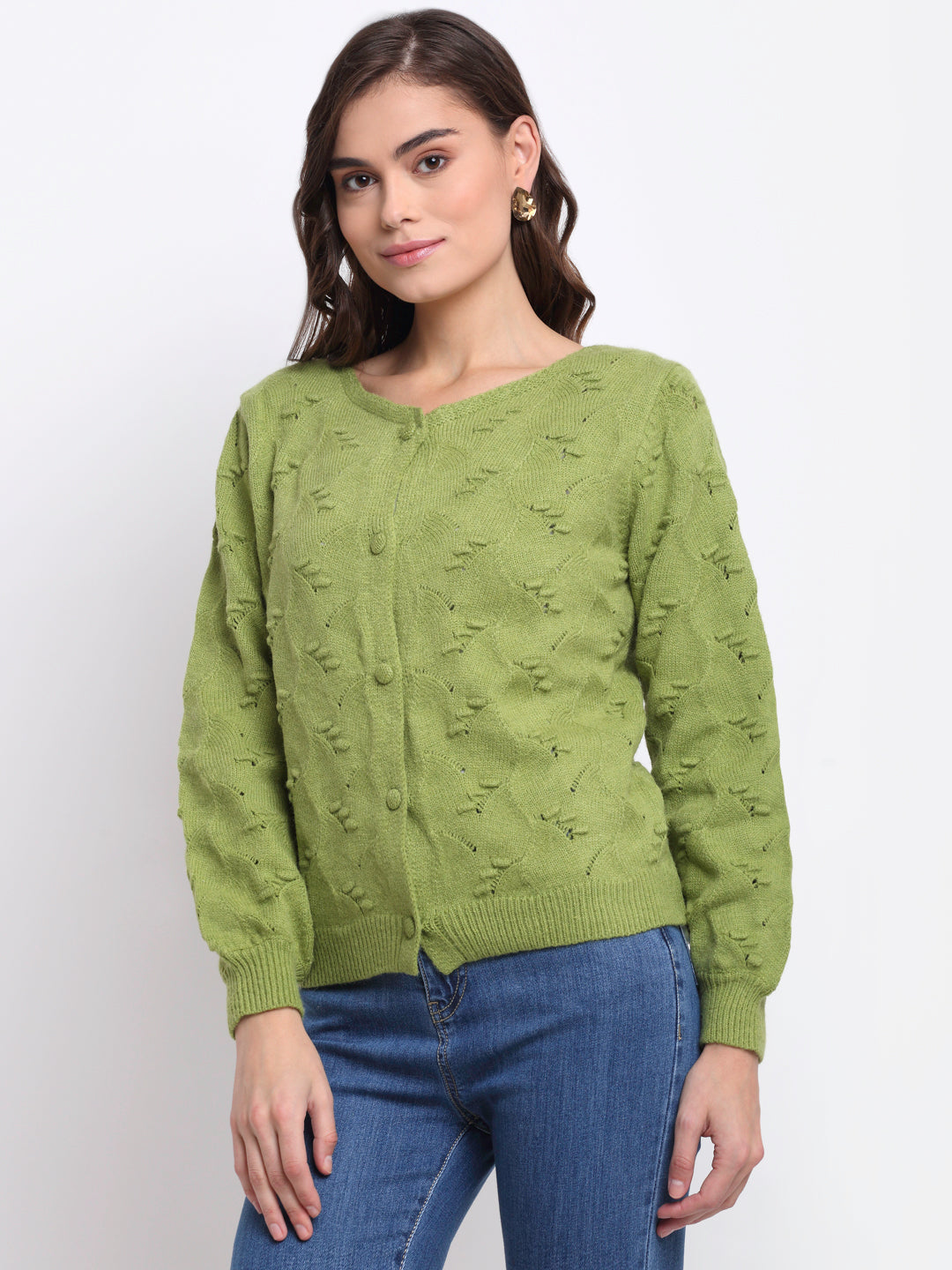 Green Knitted Solid Cardigan - Global Republic